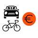car pooling, a bicycle, and pictogram of euro