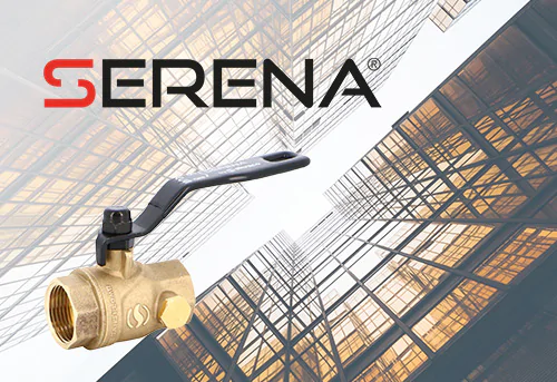 Serena brass ball valve with a background image of skyscrapers in brown tones