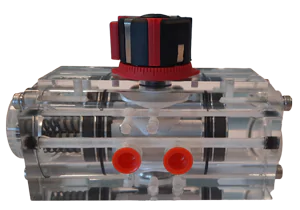 A transparent pneumatic actuator, specially made to demonstrate the difference between double acting and spring return systems.
