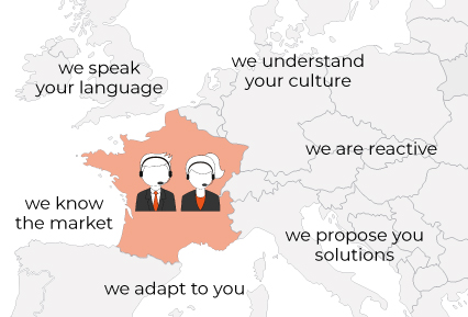 Map of Europe with customer service agents. It shows that we understand your culture and we speak your language and we adapt to you.