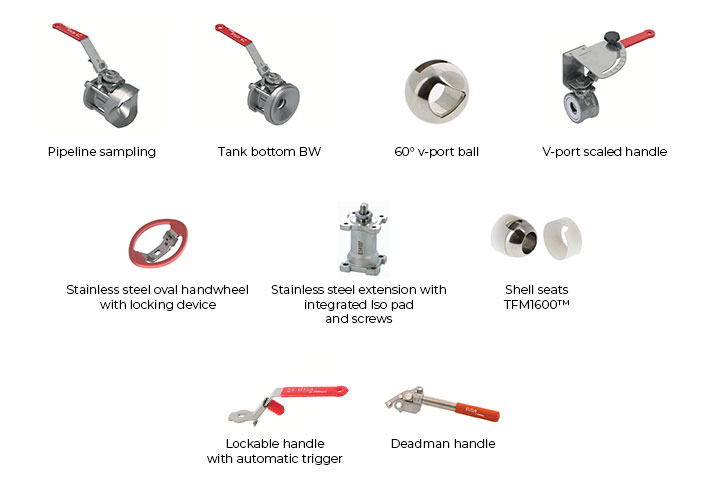 options for elsa valves : pipeline sampling, Tank bottom BW, 60° v-port ball, V-port scaled handle, etc.