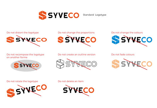Examples of various modifications to the logotype that are prohibited (e.g. changing the colour to blue or distorting the logotype).