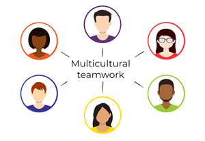 illustration of six individuals representing the multicultural teamwork
